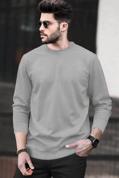 Men Solid Round Neck Cotton Blend Grey T-Shirt