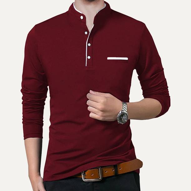 Men Solid Henley Neck Cotton Blend Maroon T-Shirt