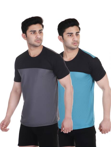 Pack of 2 Men Self Design Round Neck Reversible Polyester Grey, Light Blue T-Shirt