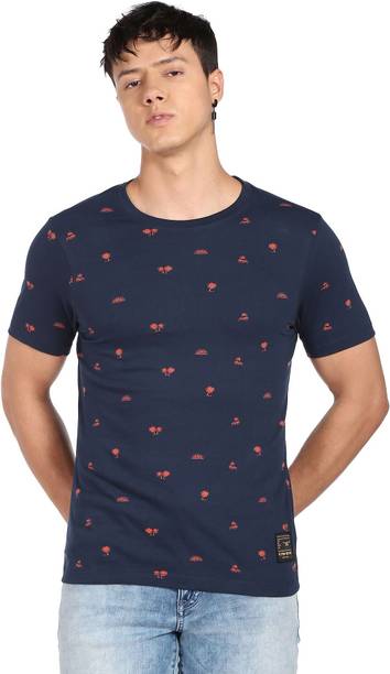 Men Printed Round Neck Cotton Blend Blue T-Shirt