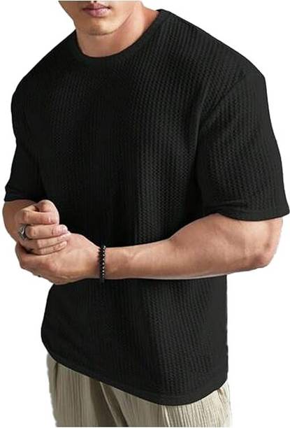Men Self Design Round Neck Polycotton Black T-Shirt