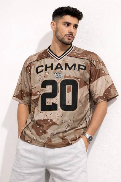 Men Printed V Neck Polyester Beige T-Shirt