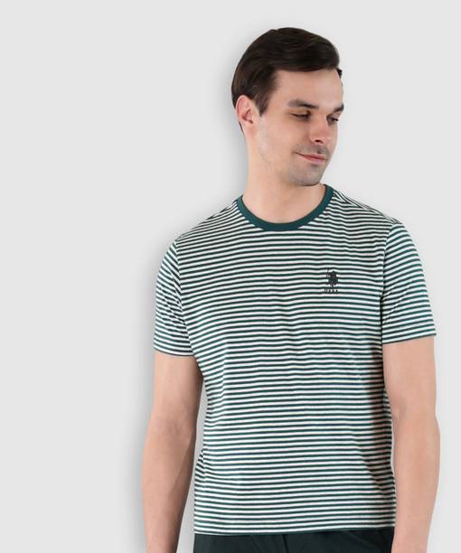 Men Striped Round Neck Pure Cotton Green, Grey T-Shirt