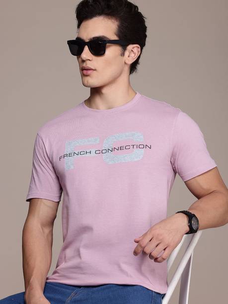 French Connection Men Printed Round Neck Pure Cotton Purple T-Shirt