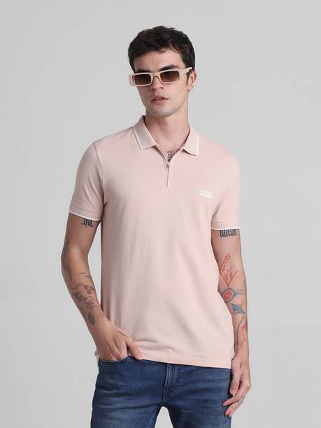 Men Solid Polo Neck Cotton Blend Beige T-Shirt