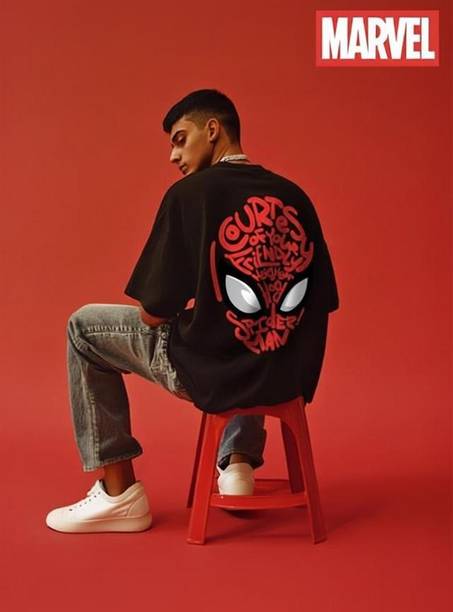 SPIDER MAN Men Printed, Typography Round Neck Pure Cotton Black T-Shirt