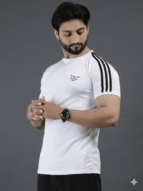Men Striped Round Neck Polycotton White T-Shirt