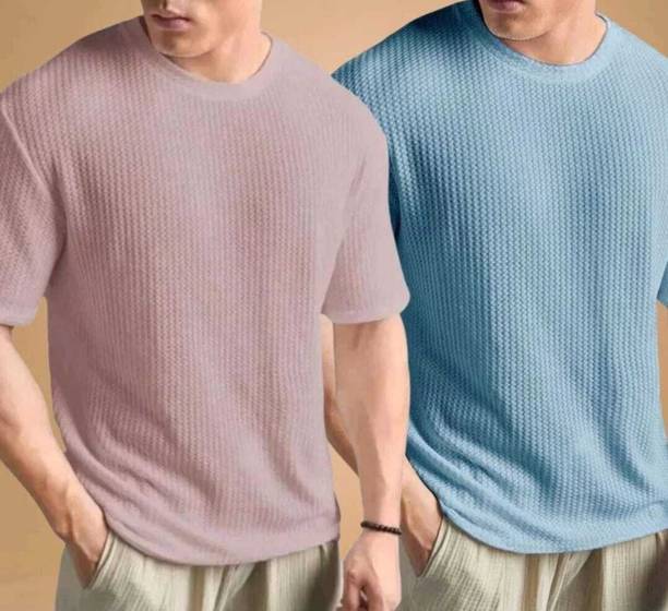 BOOM BAAM Self Design Men Round Neck Orange, Light Blue T-Shirt