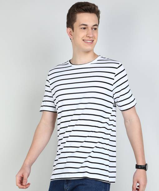 Men Striped V Neck Pure Cotton White T-Shirt