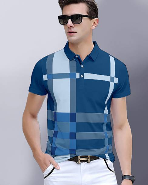 AUSK Men Striped Polo Neck Cotton Blend Dark Blue, Light Blue T-S