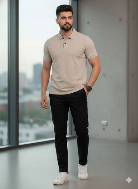 Men Solid, Sporty Polo Neck Elastane Beige T-Shirt