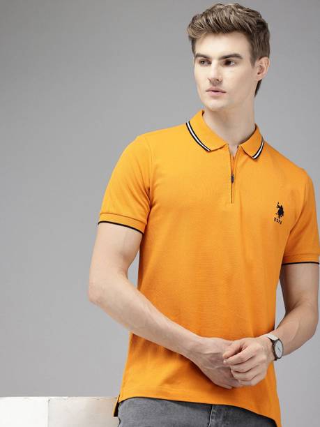 Men Striped Polo Neck Pure Cotton Yellow T-Shirt