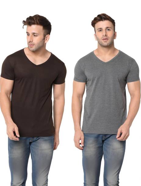 Pack of 2 Solid V Neck Men Solid V Neck Cotton Blend Brown, Grey T-Shirt