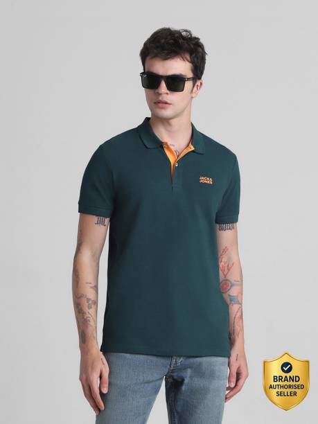 JACK & JONES Men Solid Polo Neck Cotton Blend Green T-Shirt