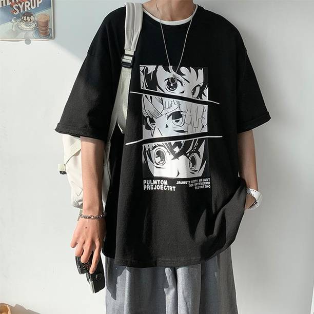 Men Graphic Print Round Neck Cotton Blend Black T-Shirt