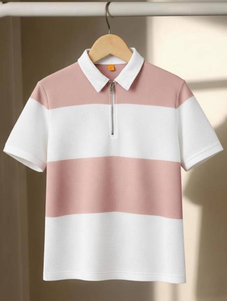Men Typography Polo Neck Cotton Blend Pink, Silver T-Shirt