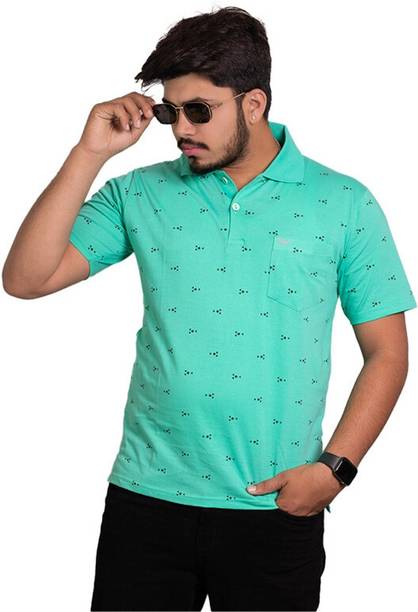 Onestar Men Printed Polo Neck Cotton Blend Light Green T-Shirt