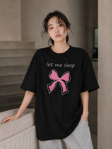 Brave One Women Printed Round Neck Cotton Blend Black T-Shirt