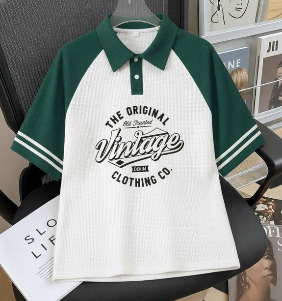 Men Typography Polo Neck Cotton Blend Dark Green T-Shirt