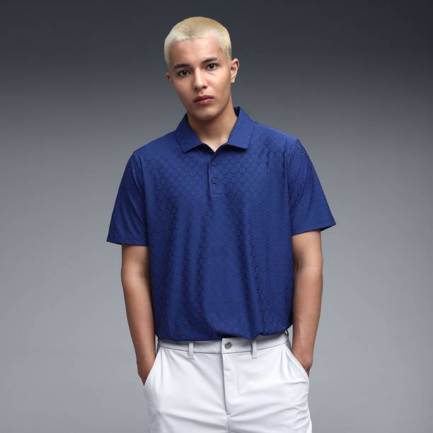 Men Solid Polo Neck Polyester Blue T-Shirt