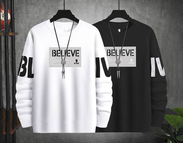 Pack of 2 Men Typography Round Neck Cotton Blend White, Black T-Shirt