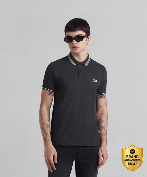 JACK & JONES Men Solid Polo Neck Cotton Blend Black T-Shirt