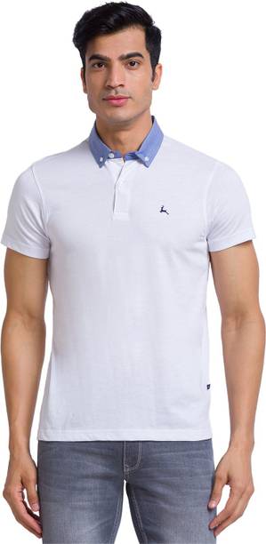 Men Colorblock Polo Neck Pure Cotton White T-Shirt