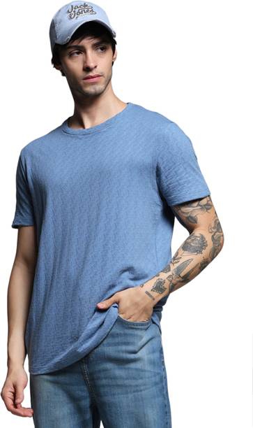 Men Self Design Round Neck Pure Cotton Blue T-Shirt
