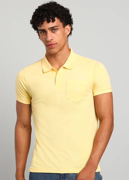 Men Solid Polo Neck Cotton Blend Yellow T-Shirt