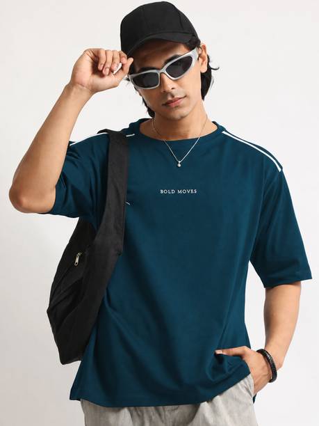 Men Printed Round Neck Pure Cotton Blue T-Shirt
