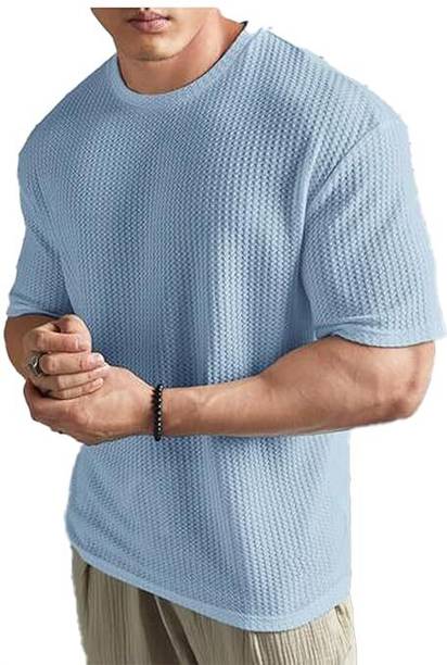 Men Solid Crew Neck Polyester Light Blue T-Shirt
