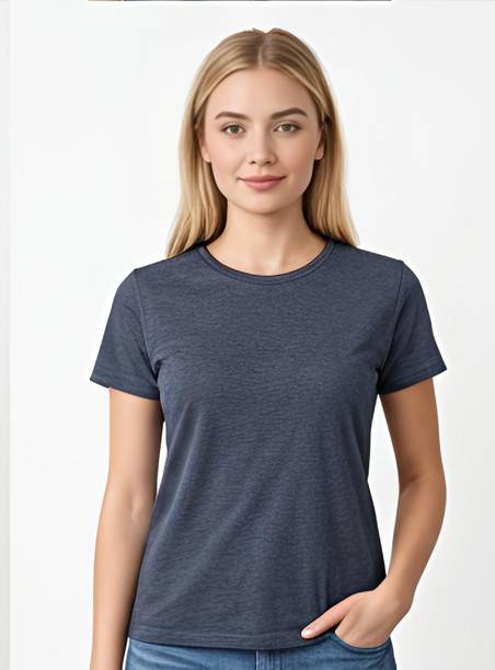 Women Solid Round Neck Polyester Grey T-Shirt