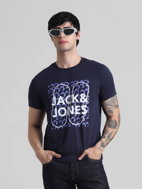 Men Printed, Typography Round Neck Cotton Blend Blue T-Shirt