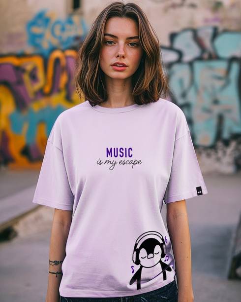 Oversized Women Printed Round Neck Pure Cotton Purple T...