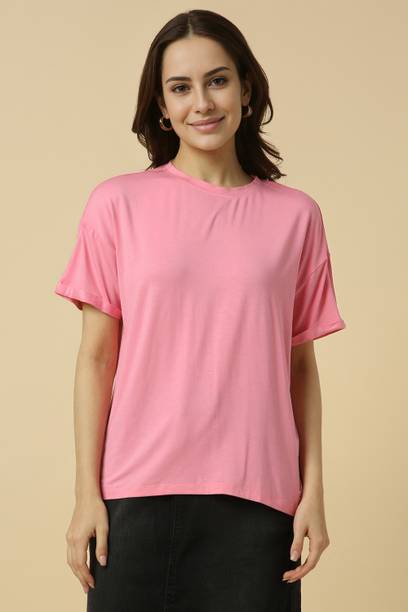 Women Solid Round Neck Viscose Rayon Pink T-Shirt