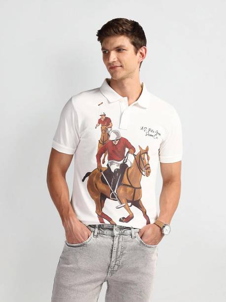Men Printed Polo Neck Pure Cotton White T-Shirt