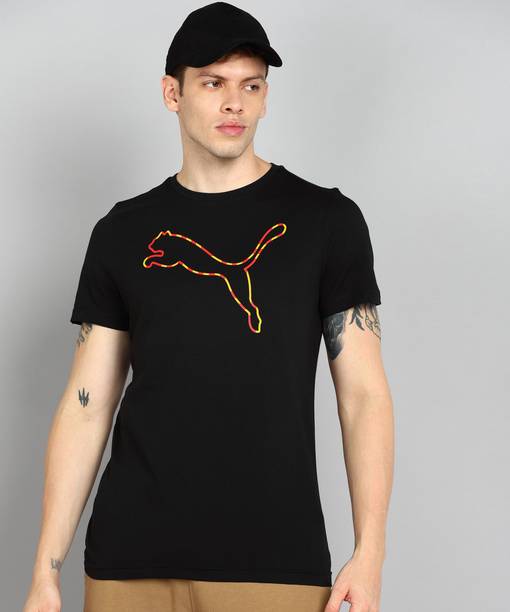 Cat Graphic Tee Men Printed Round Neck Cotton Blend Black T-Shirt