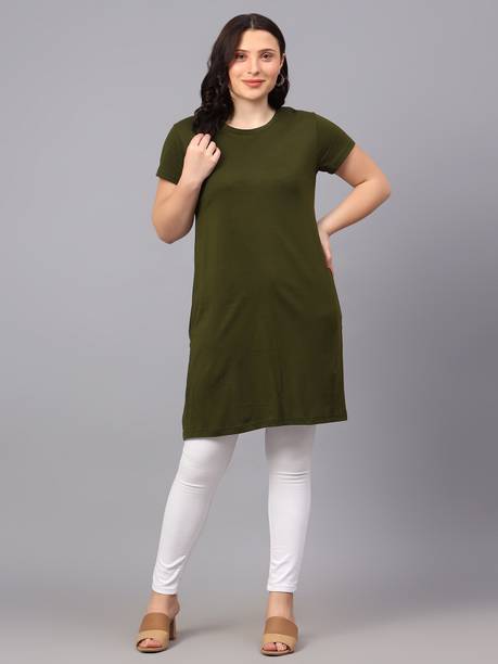 Fleximaa Solid Women Round Neck Dark Green T-Shirt