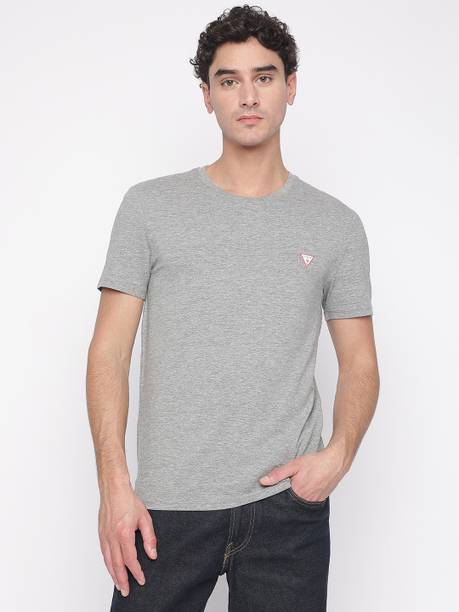 GUESS Solid Men Round Neck Grey T-Shirt