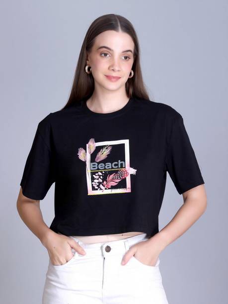 Women Printed Round Neck Polycotton Black T-Shirt