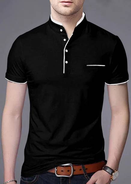 Men Solid Polo Neck Cotton Blend Black T-Shirt Price in India