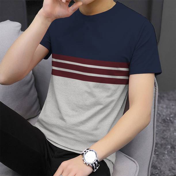 Men Striped Round Neck Cotton Blend Dark Blue, Grey T-Shirt