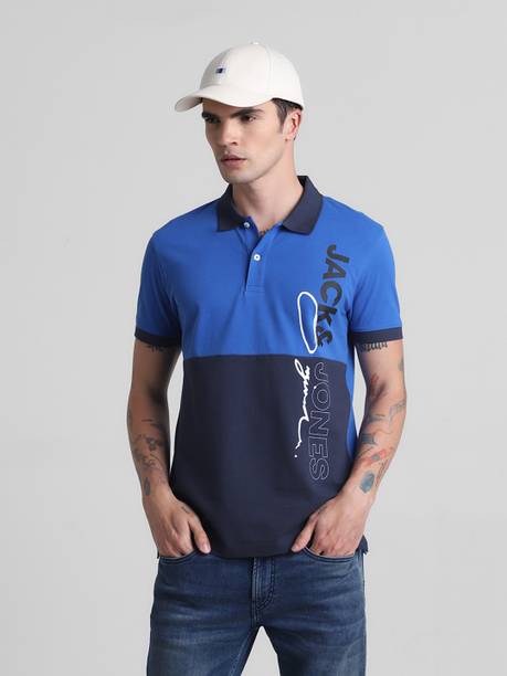 Men Typography Polo Neck Cotton Blend Blue T-Shirt