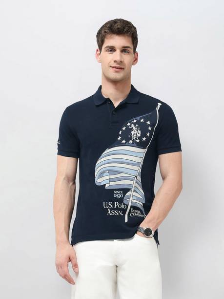 Men Graphic Print Polo Neck Pure Cotton Blue T-Shirt