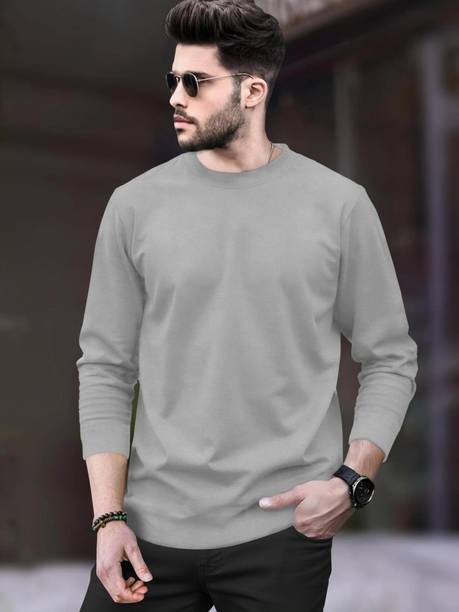 Men Solid Round Neck Cotton Blend Grey T-Shirt