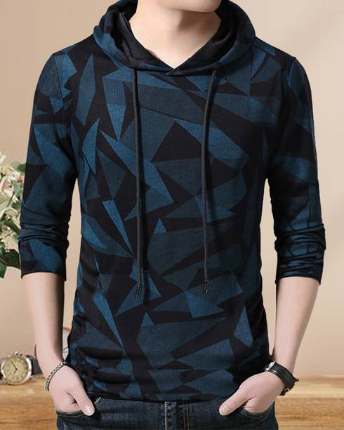 EyeBogler Men Colorblock Hooded Neck Cotton Blend Blue, Black T-S