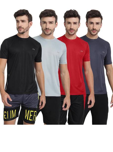 Pack Of 4 Men Solid Round Neck Polyester Multicolor T-S