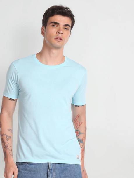 Men Solid Round Neck Cotton Blend Blue T-Shirt