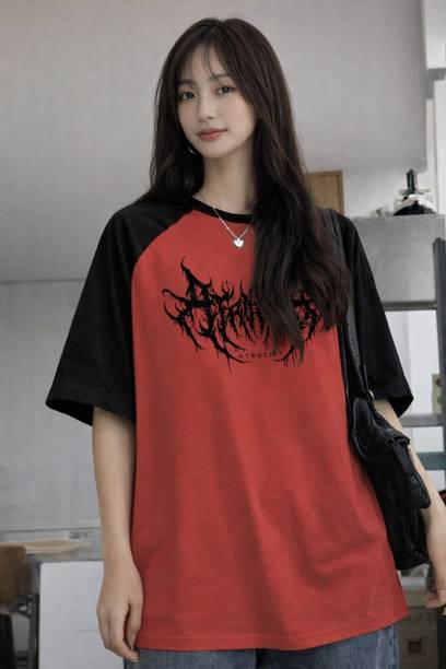 Women Printed, Solid Round Neck Reversible Cotton Blend Red T-Shirt