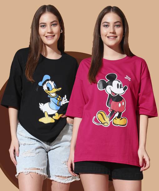 Pack of 2 Women Graphic Print Round Neck Pure Cotton Multicolor T-Shirt
